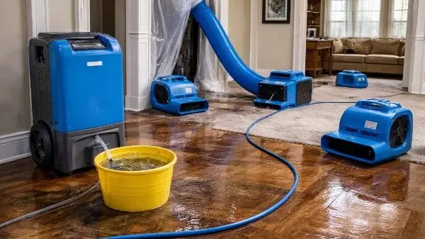 A dehumidifier and several air movers drying a wet parquet floor in a living room