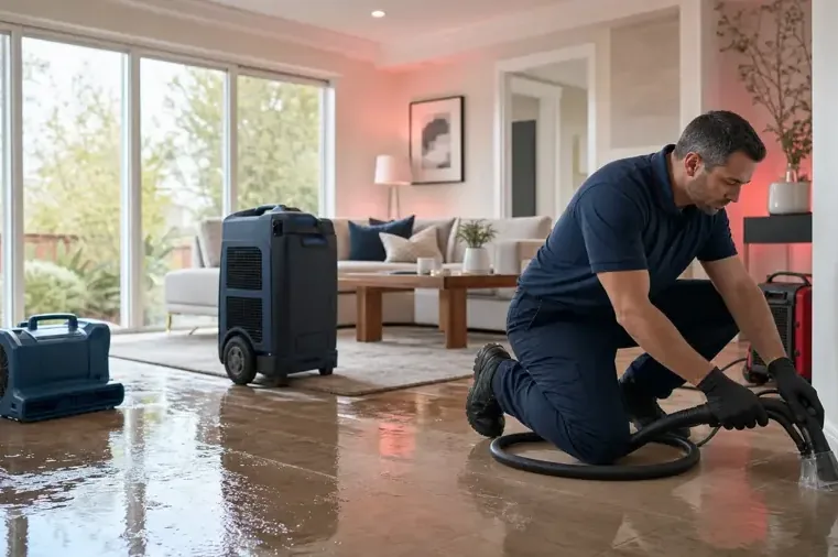A restoration tech running an extraction wand in a living room while an air mover and a dehumidifier dry the space nearby
