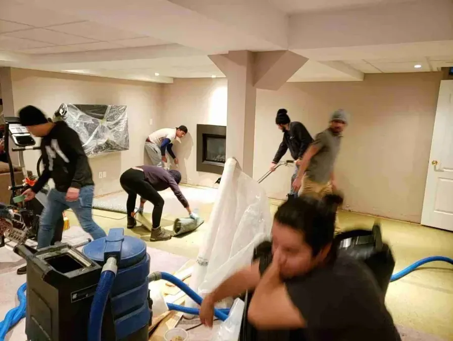 Air movers and a dehumidifier running in a water damaged room during structural drying