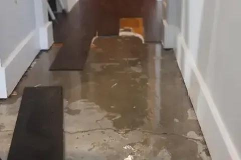 Flooring cut open above a leaking line beneath a concrete slab