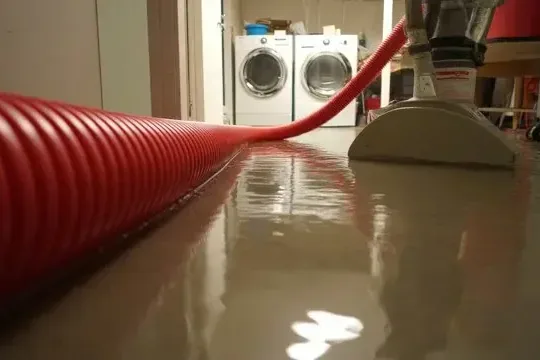 Extraction hose clearing standing water from a laundry room floor