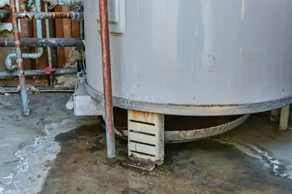Water spreading across the floor at the base of a leaking water heater